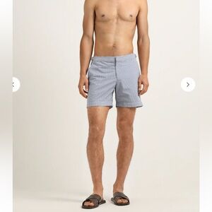 Orlebar Brown Bulldog Seersucker Light Blue Pinstripe Swimsuit Shorts. Size 32.